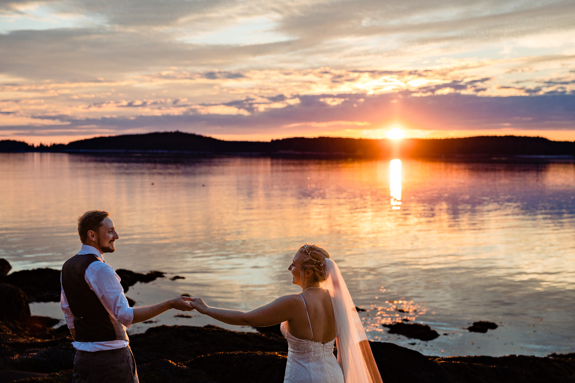 Sunset portraits at a wedding on Swan's Island, Maine