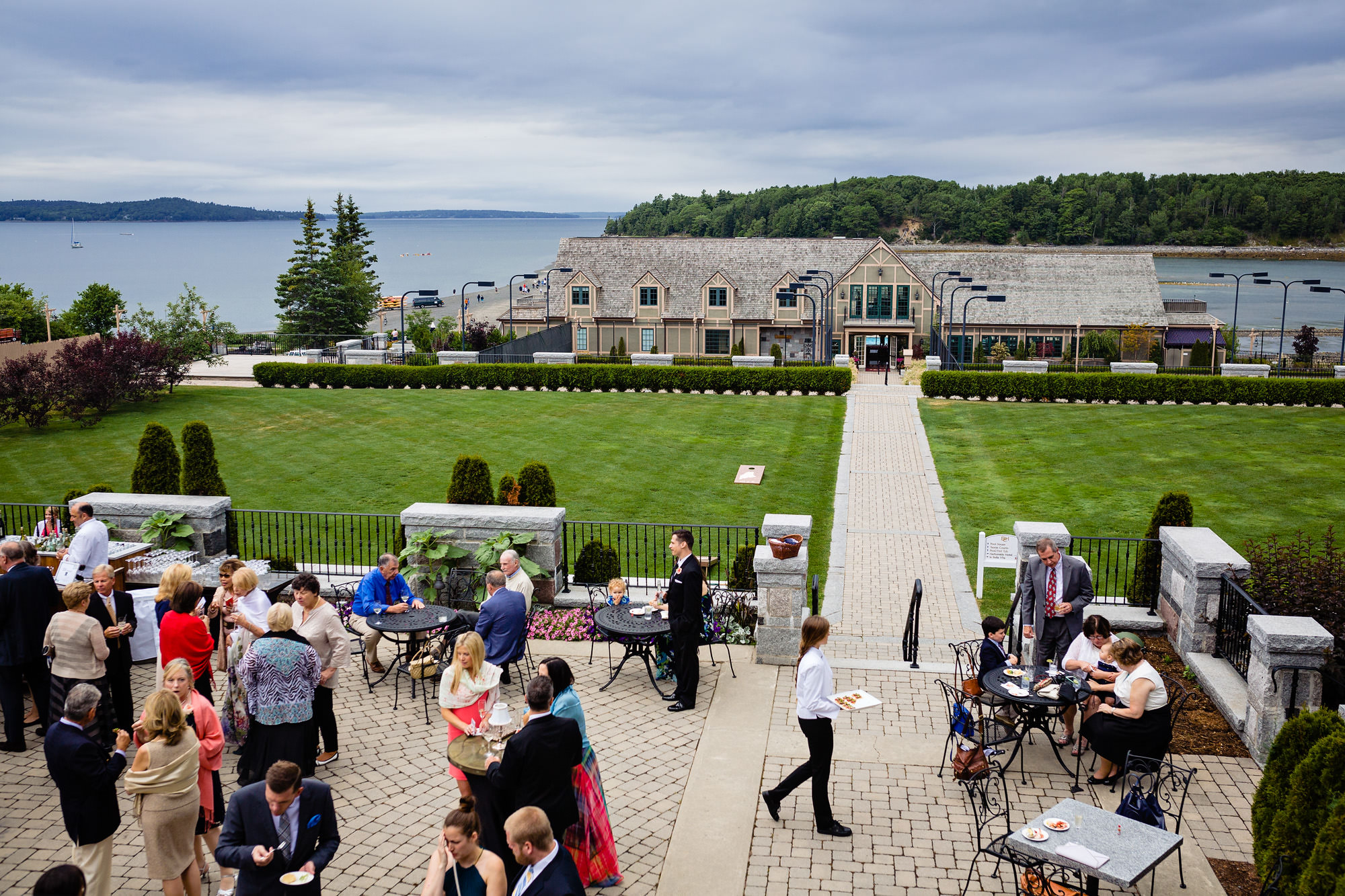 Cocktail hour at a Harborside Hotel wedding in Bar Harbor, Maine