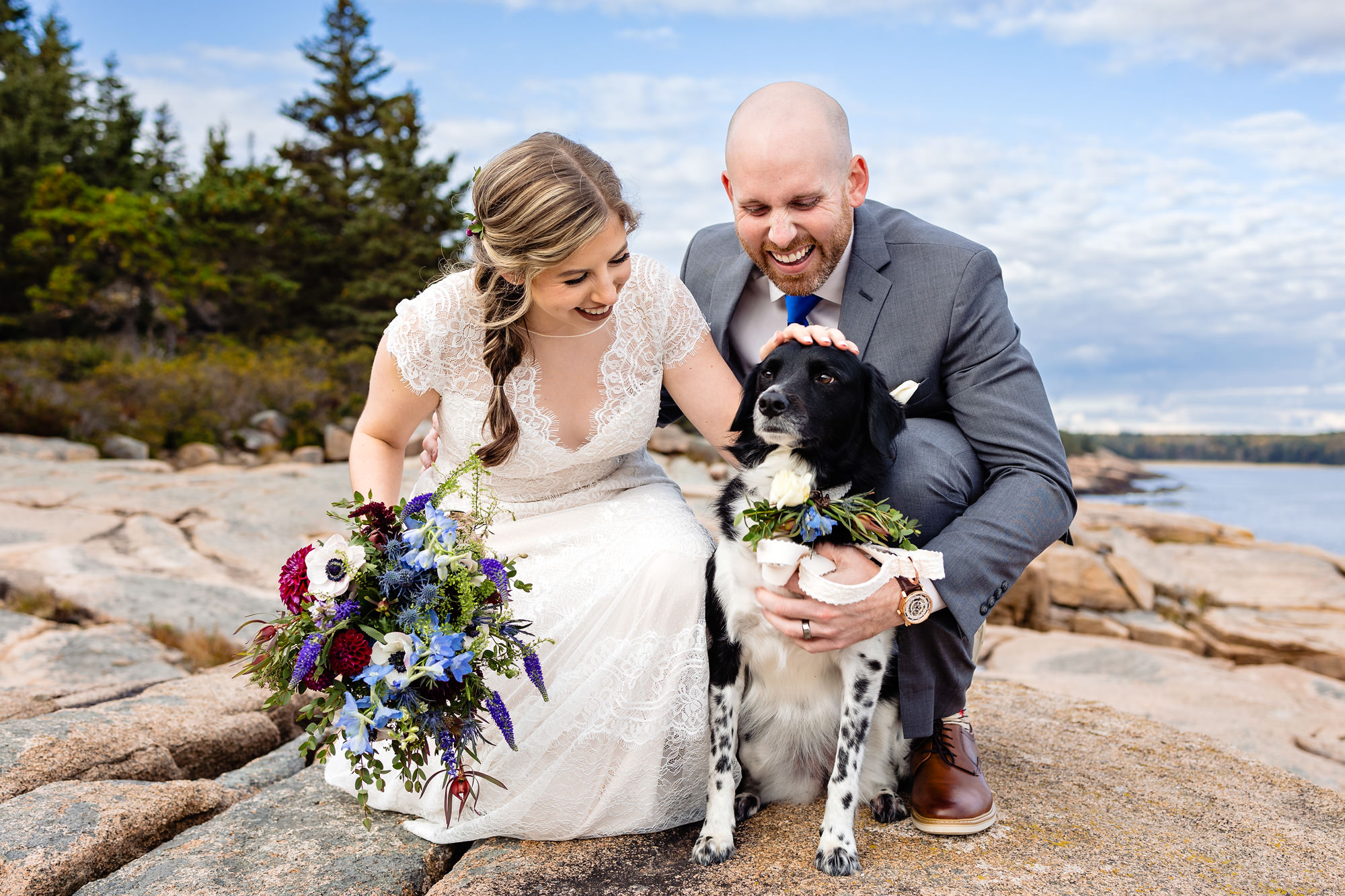 A portrait of Jenna, Jordan, and their pup on the cliffs in Acadia National Park at their elopement