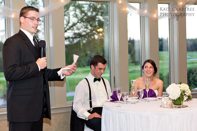 The best man gives a toast at the Penobscot Valley Country Club in Orono Maine