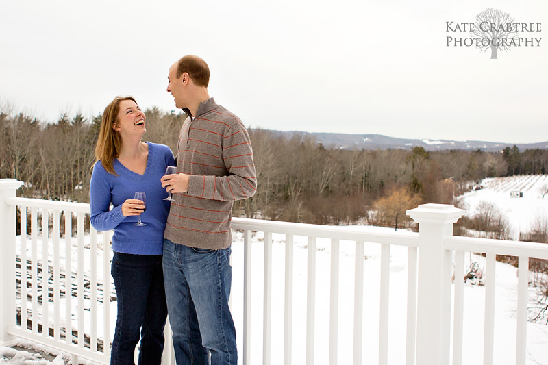 Erin and Keith laughed during their engagement session at the Cellardoor Winery in Maine
