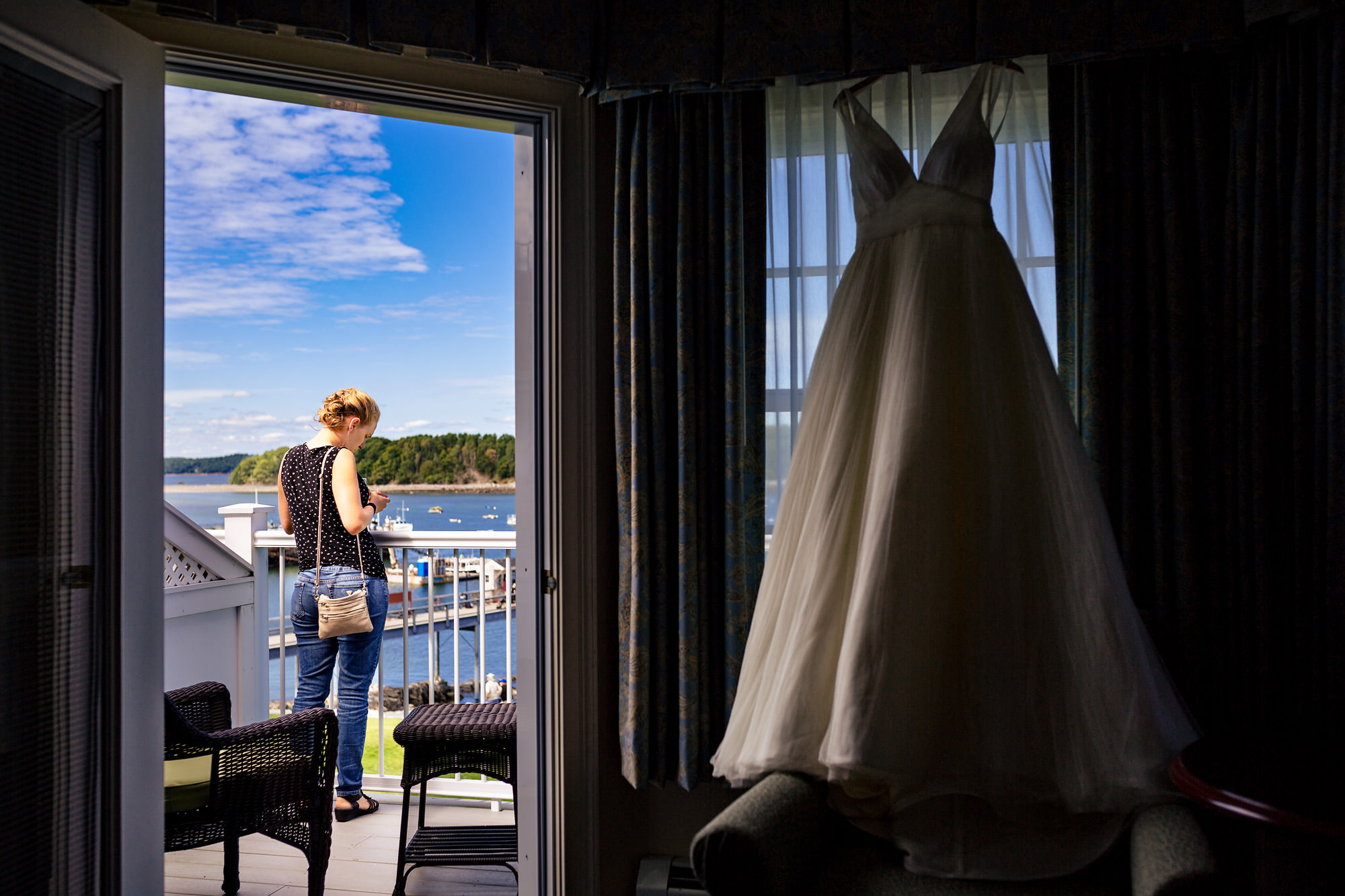 A bride preps for her wedding at at the Bar Harbor Inn in Maine