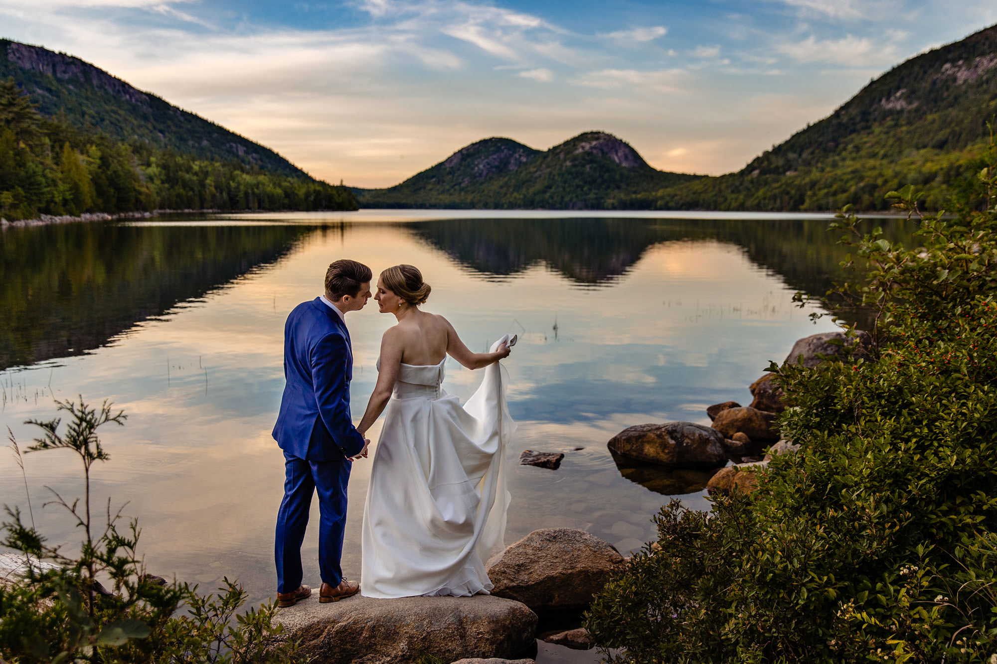 An elopement portrait taken at Jordan Pond in Acadia National Park