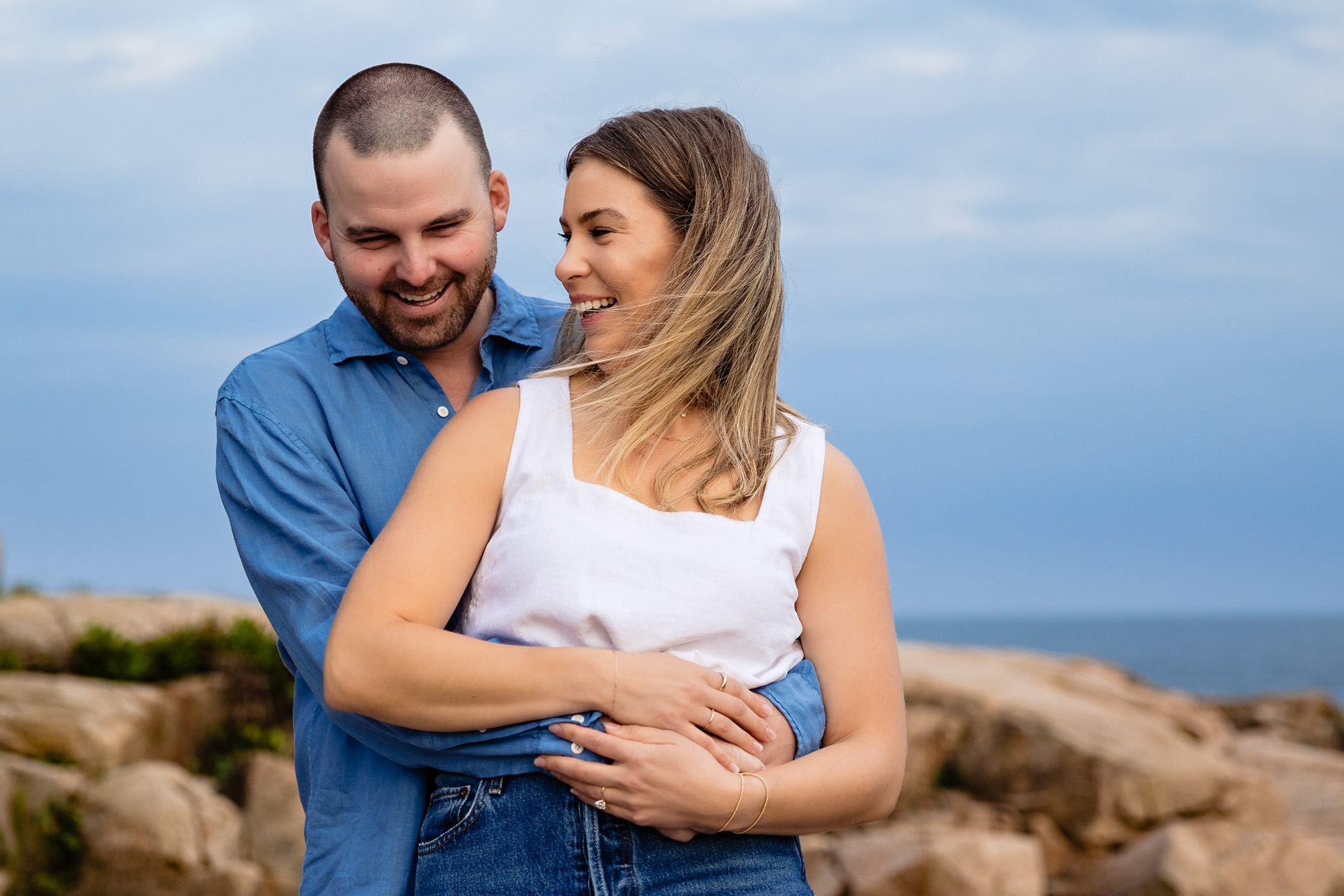 A happy portrait during an Otter Point engagement session in Acadia