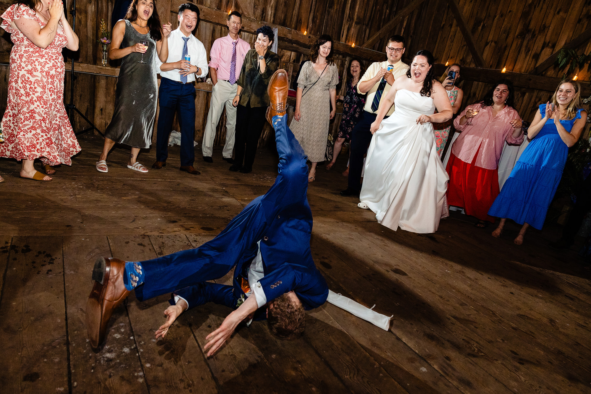 A fun dancing photo at a wedding at Broadturn Farm.